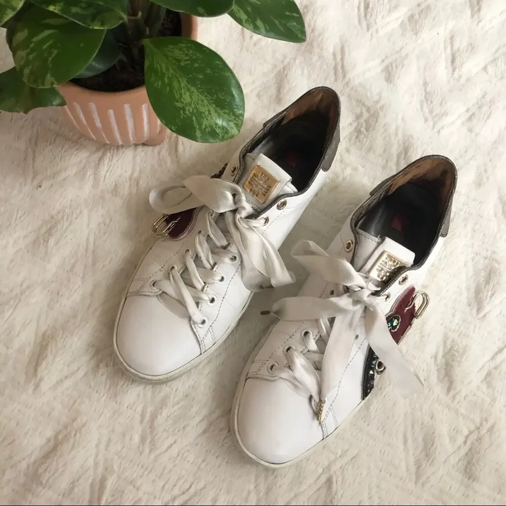 Hogl White Leather Applique Embellished Sneakers